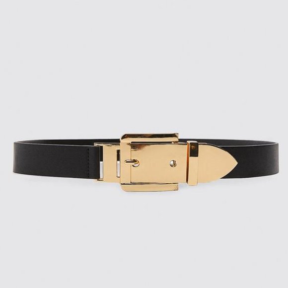 Zara 100% Leather Black Belt with Golden Buckle